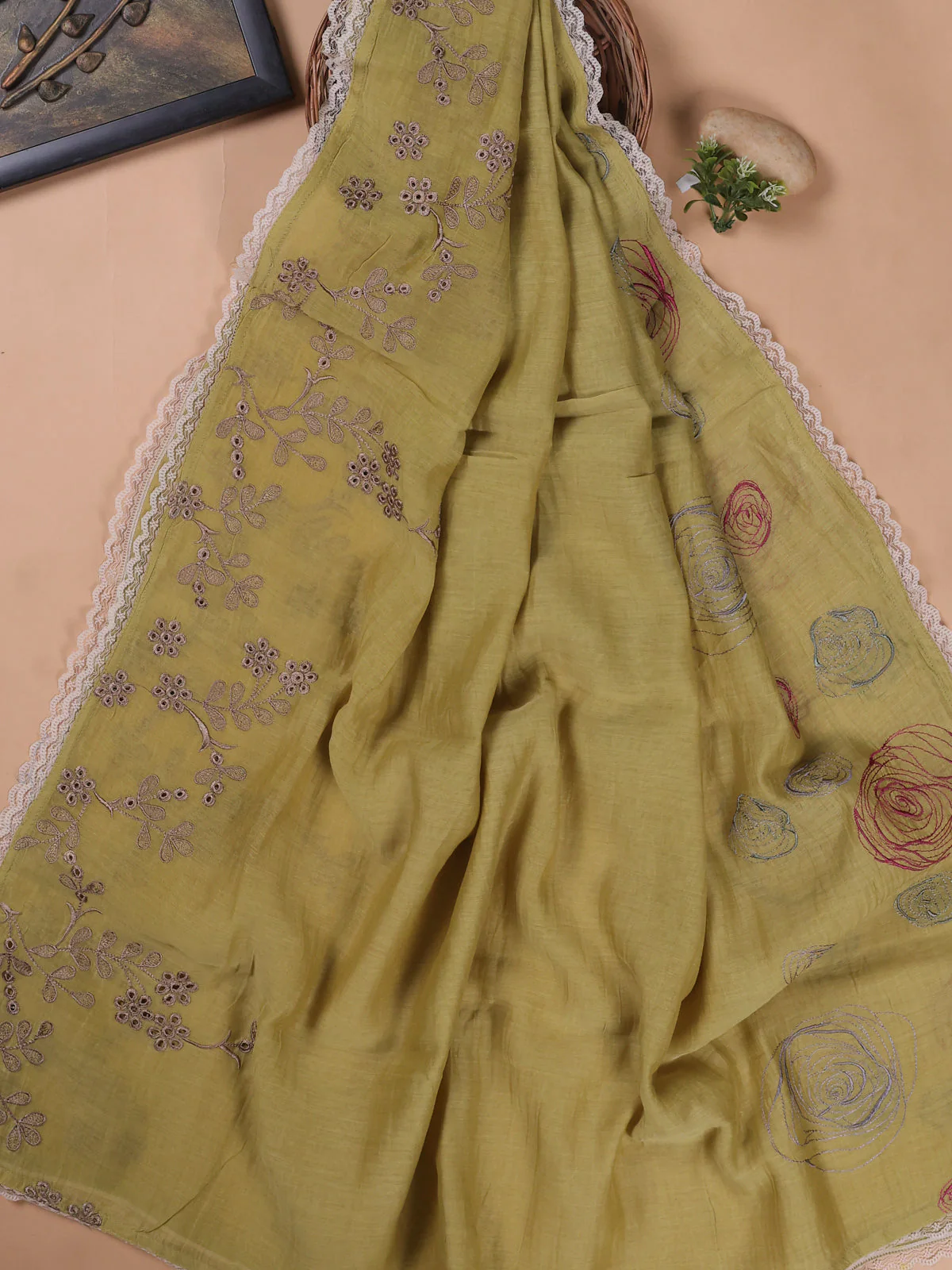 Pista Green Mul Chanderi Unstitched Suit - Image 3