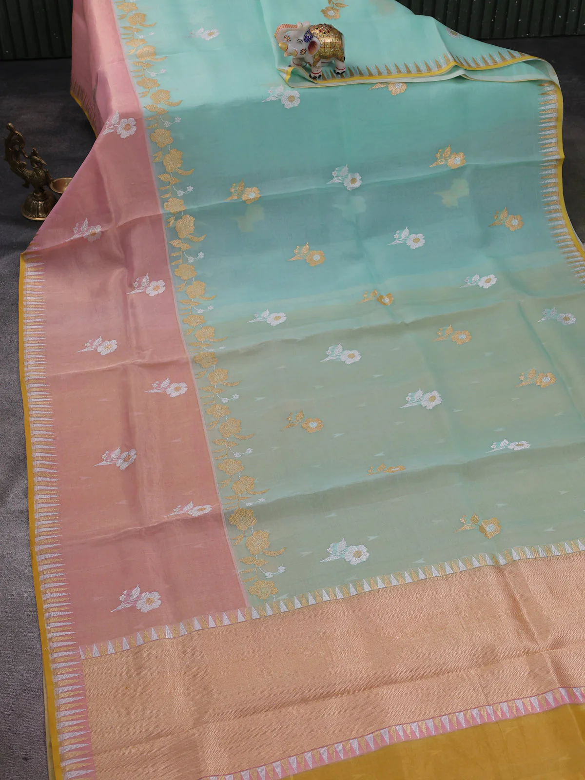 Pista Green-Peach Banarasi Kora Saree - Image 2