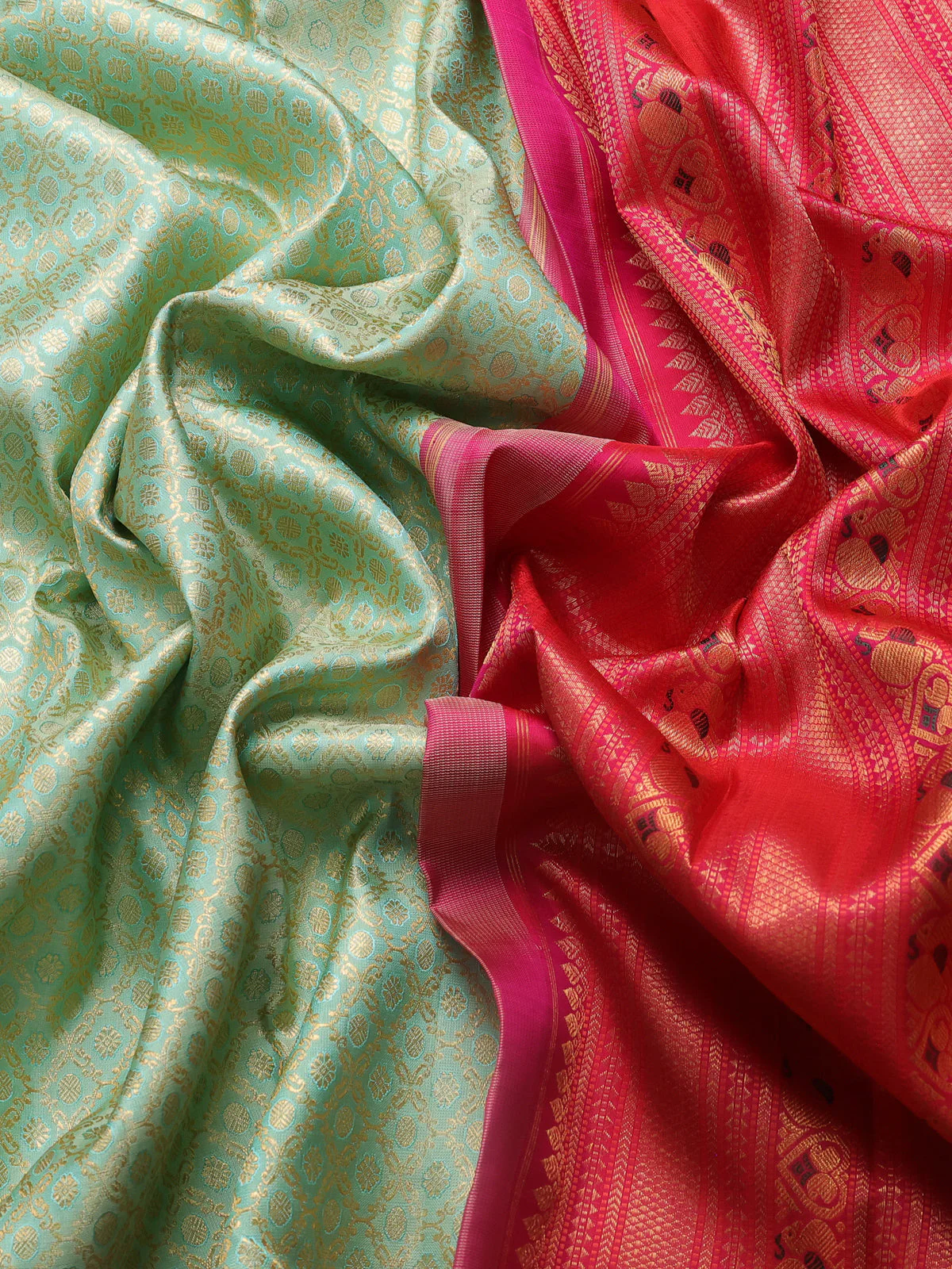 Pista Green - Red Pure Kanchipuram Silk Saree - Image 3