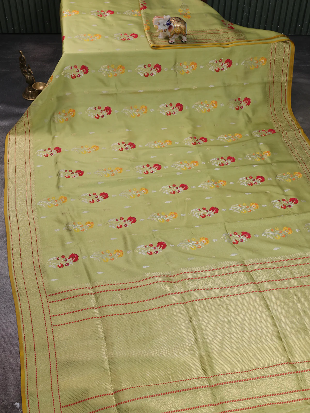 Pista Green - Yellow Banarasi Kadwa Silk Saree - Image 2