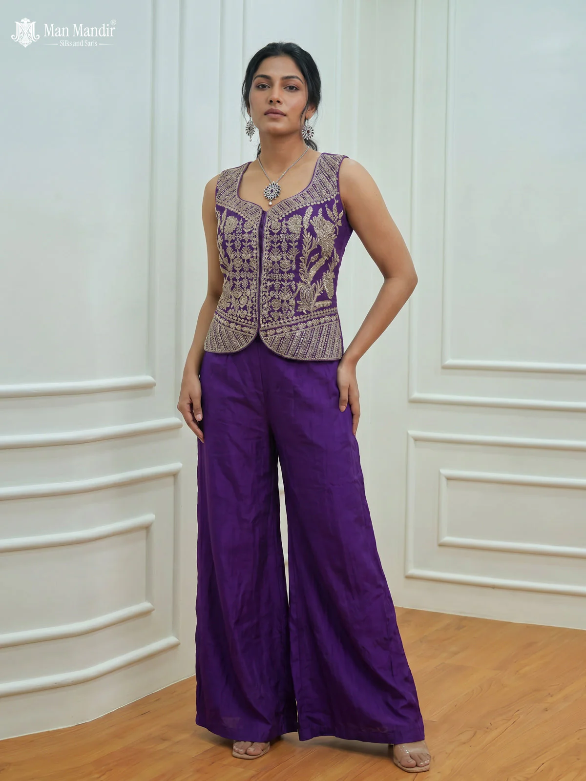 Purple Raw Silk Satin Embroidered Croptop With Draped Skirt And Organza Dupatta - Image 3