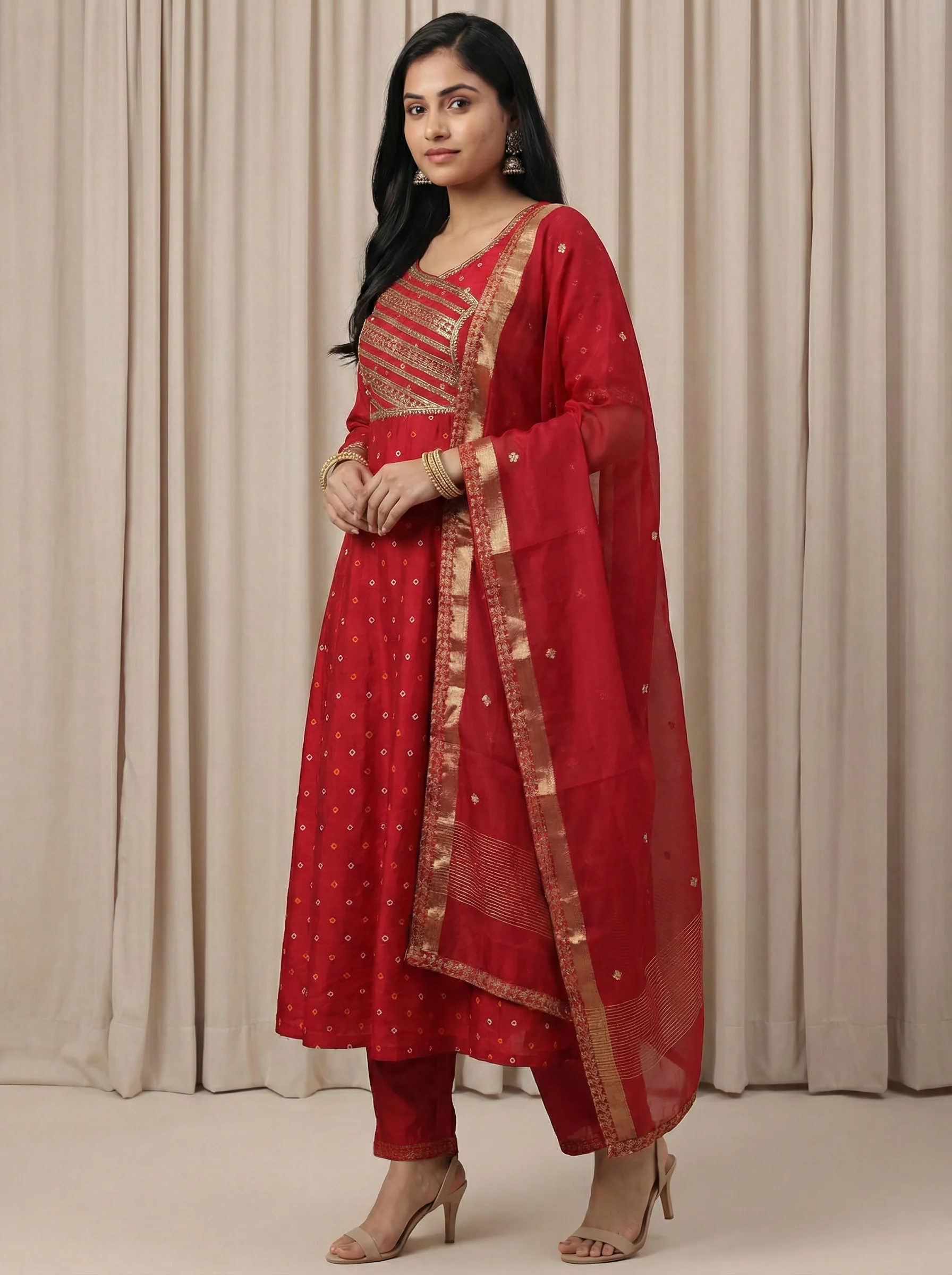 Red Embroidered Silk Salwar Suit With Pant And Dupatta