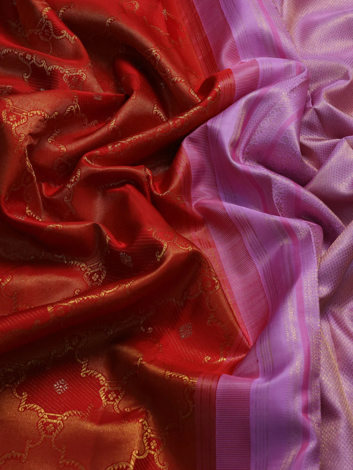 Red - Lilac Pure Kanchipuram Silk Saree - Image 3