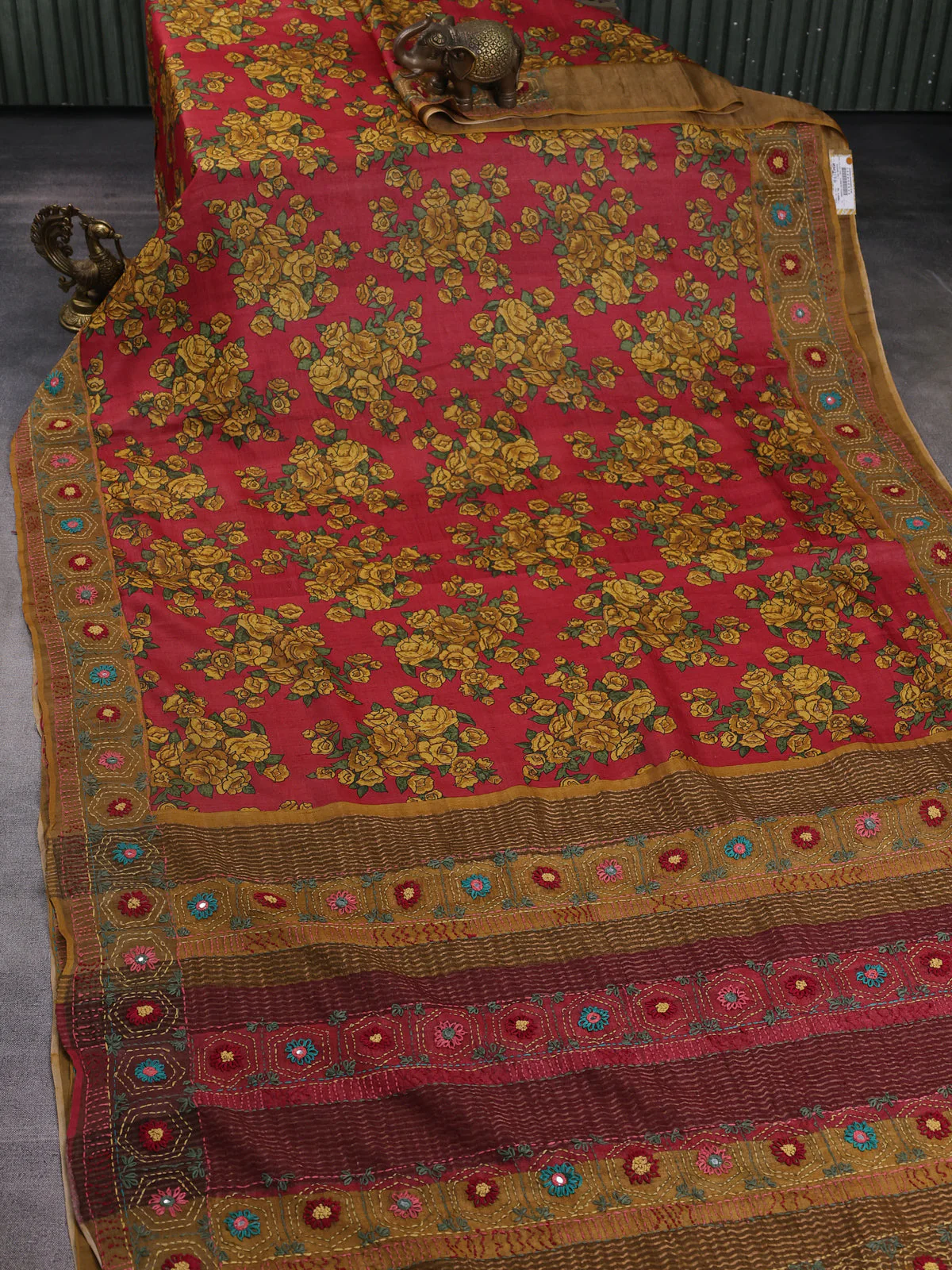 Red-Mustard Tussar Kantha Embroidery Saree - Image 2