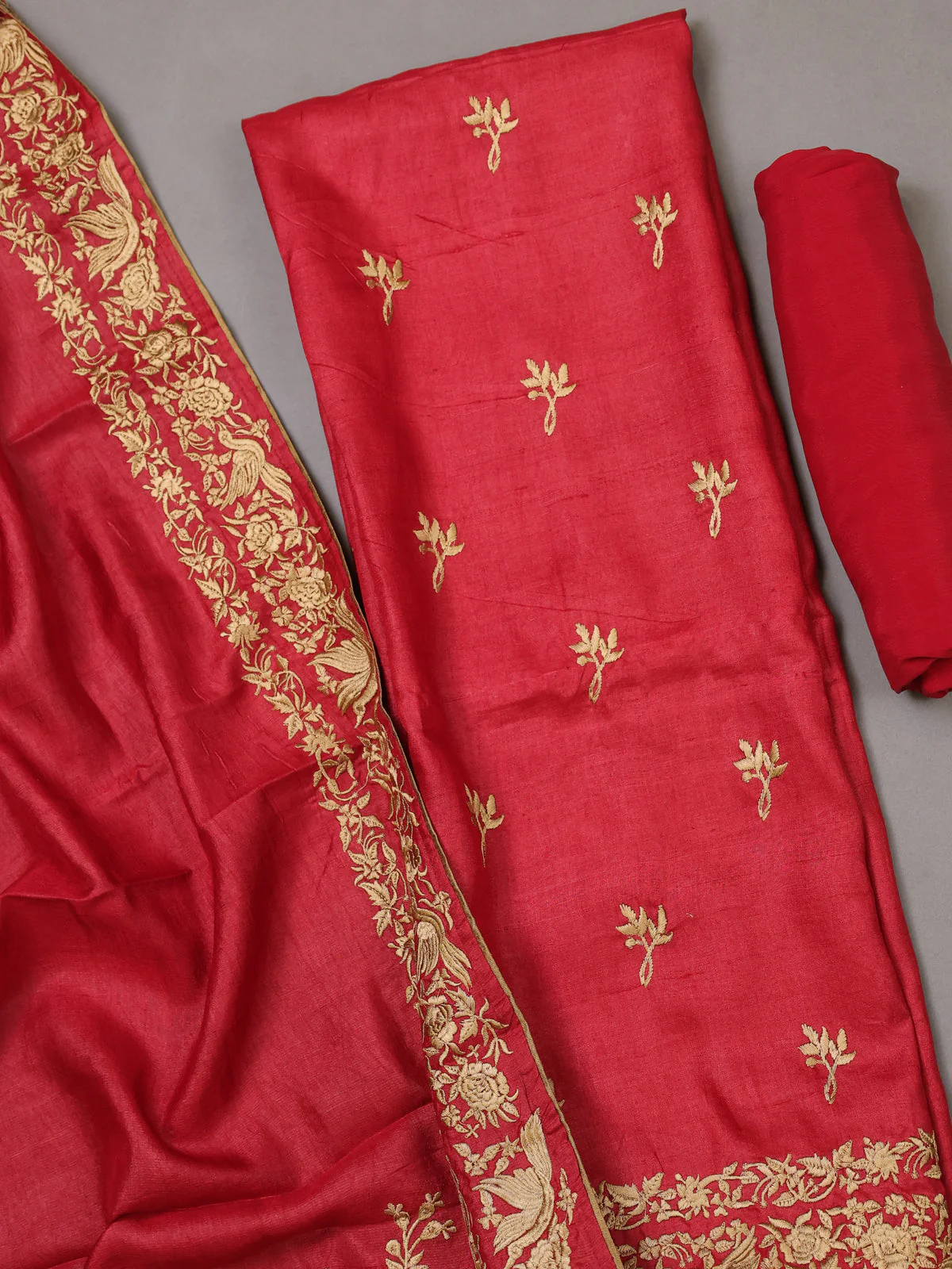 Red Tussar Silk Unstitched Suit