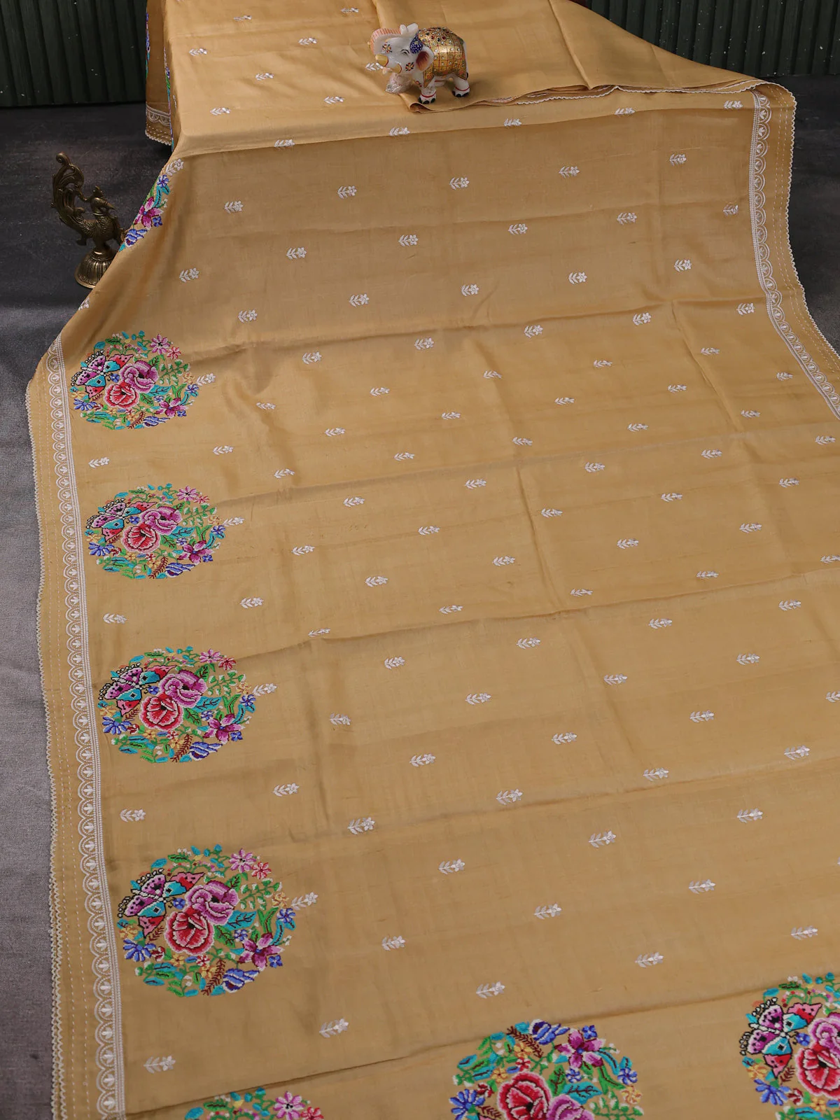 Sandal Tussar Embroidery Silk Saree - Image 2