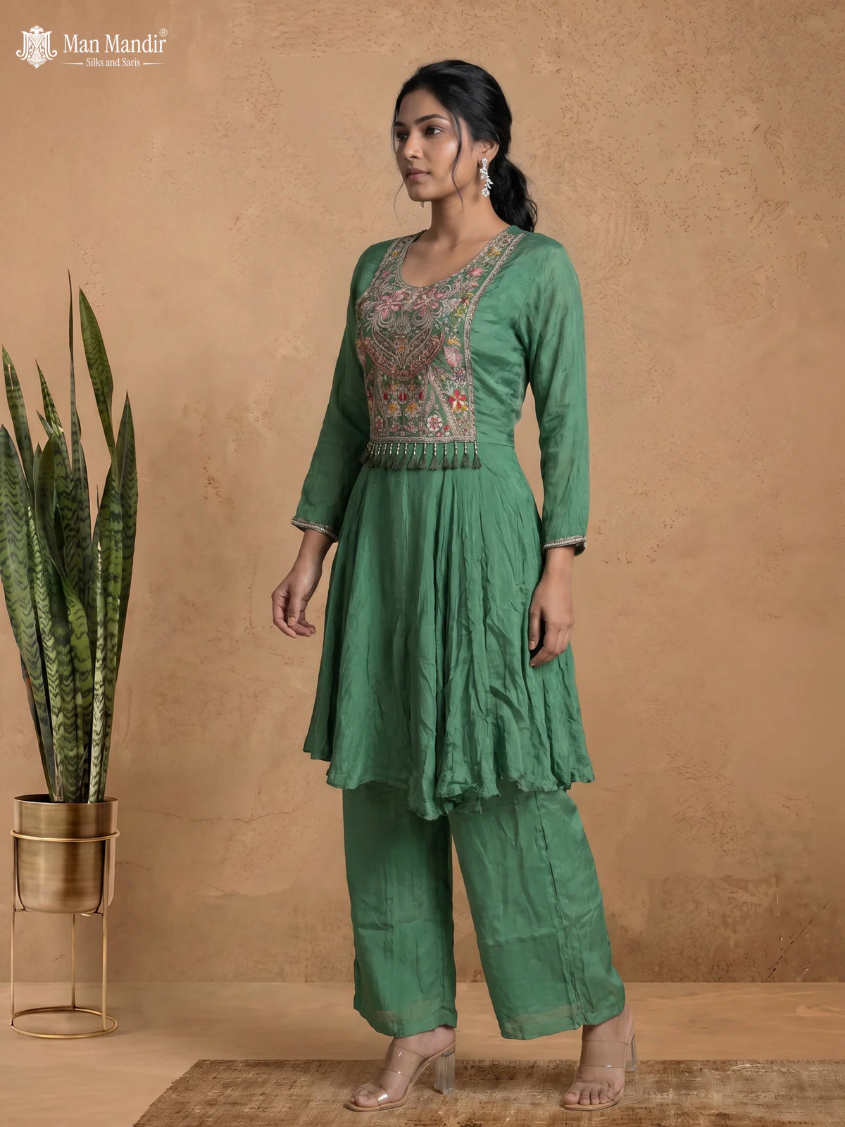 Sea Green Georgette Sharara Suit Cape Style With Embroidery Zardosi Work - Image 2
