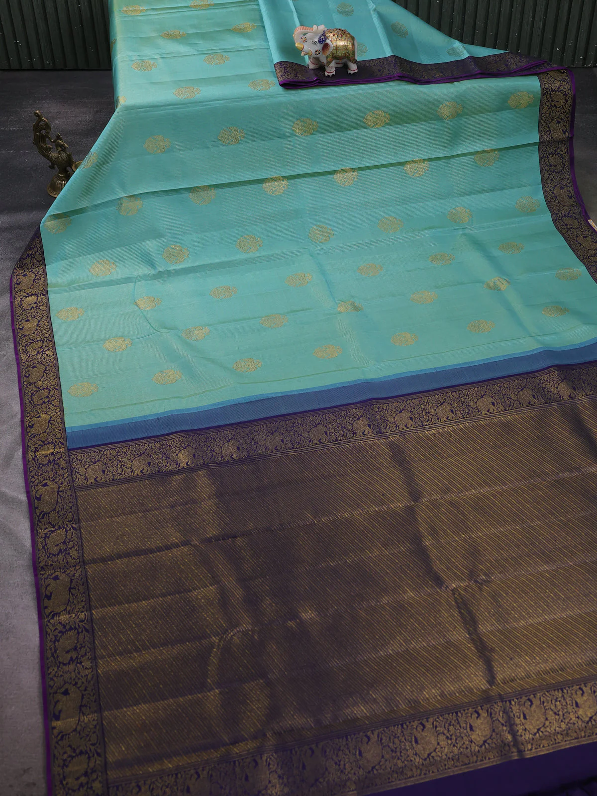 Shark Teal-Blue Pure Kanchipuram Silk Saree - Image 2