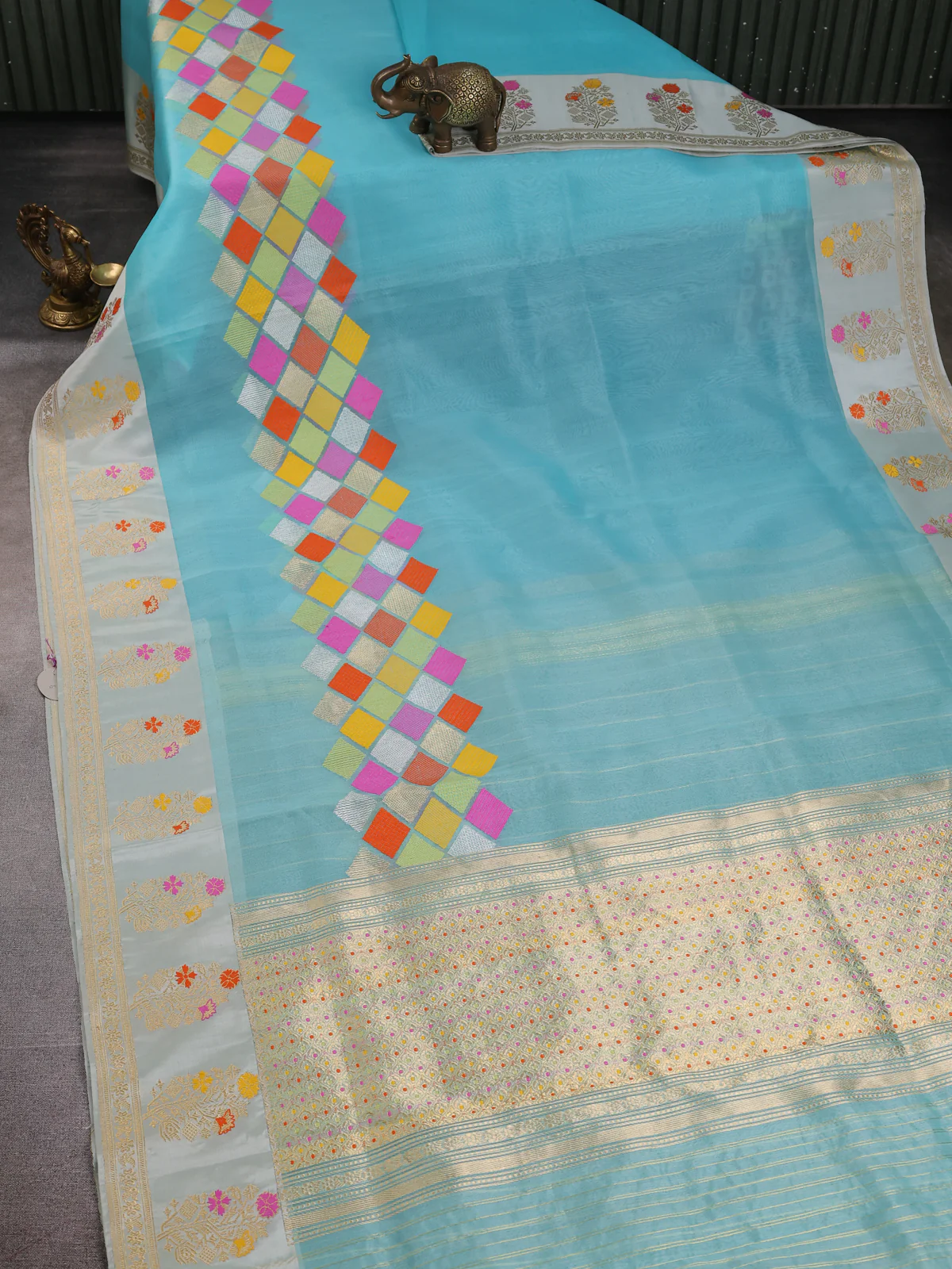 Sky Blue - Beige Banarasi Kora Silk Saree - Image 2