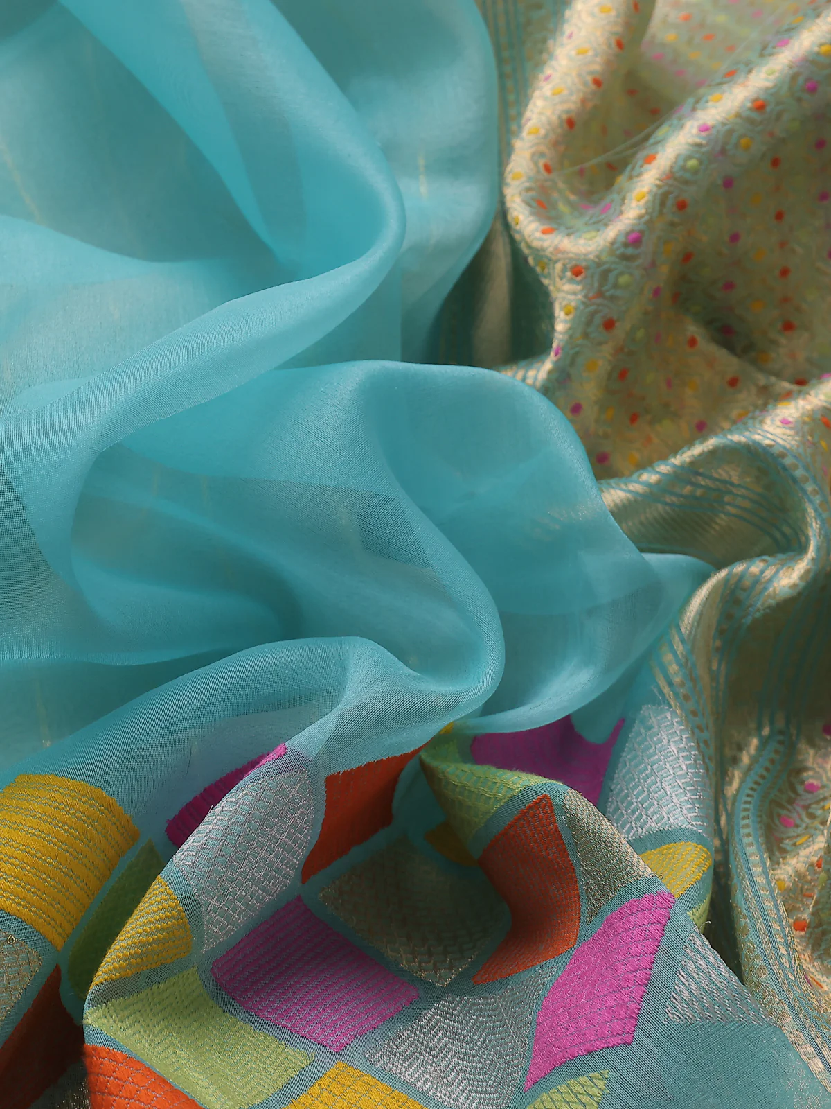 Sky Blue - Beige Banarasi Kora Silk Saree - Image 3