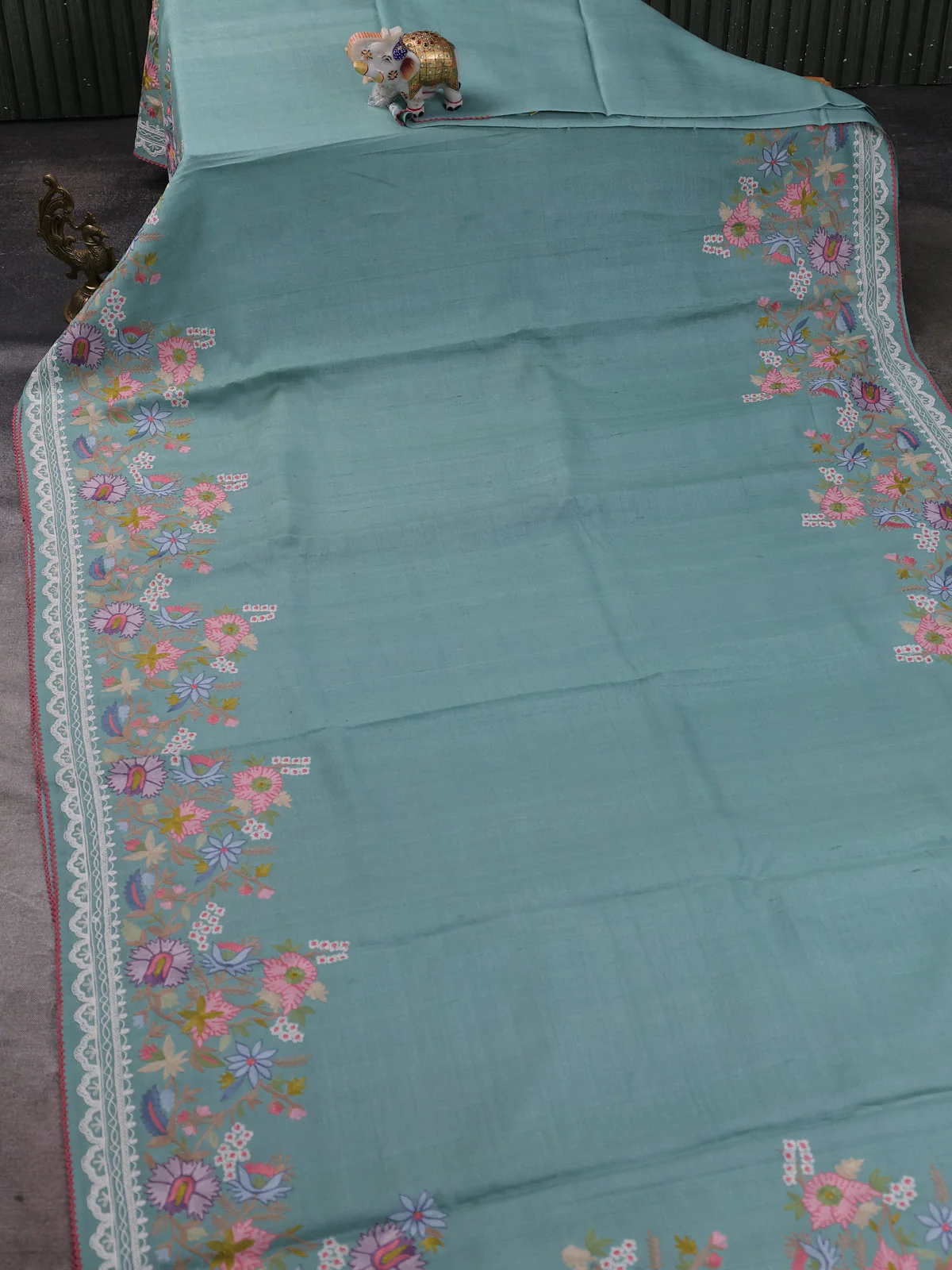 Sky Blue Tussar Embroidery Silk Saree - Image 2