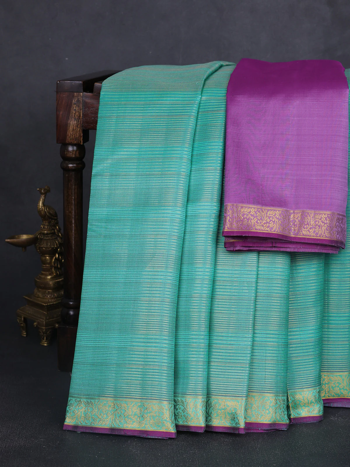 Teal Blue - Lavender Pure Kanchipuram Silk Saree