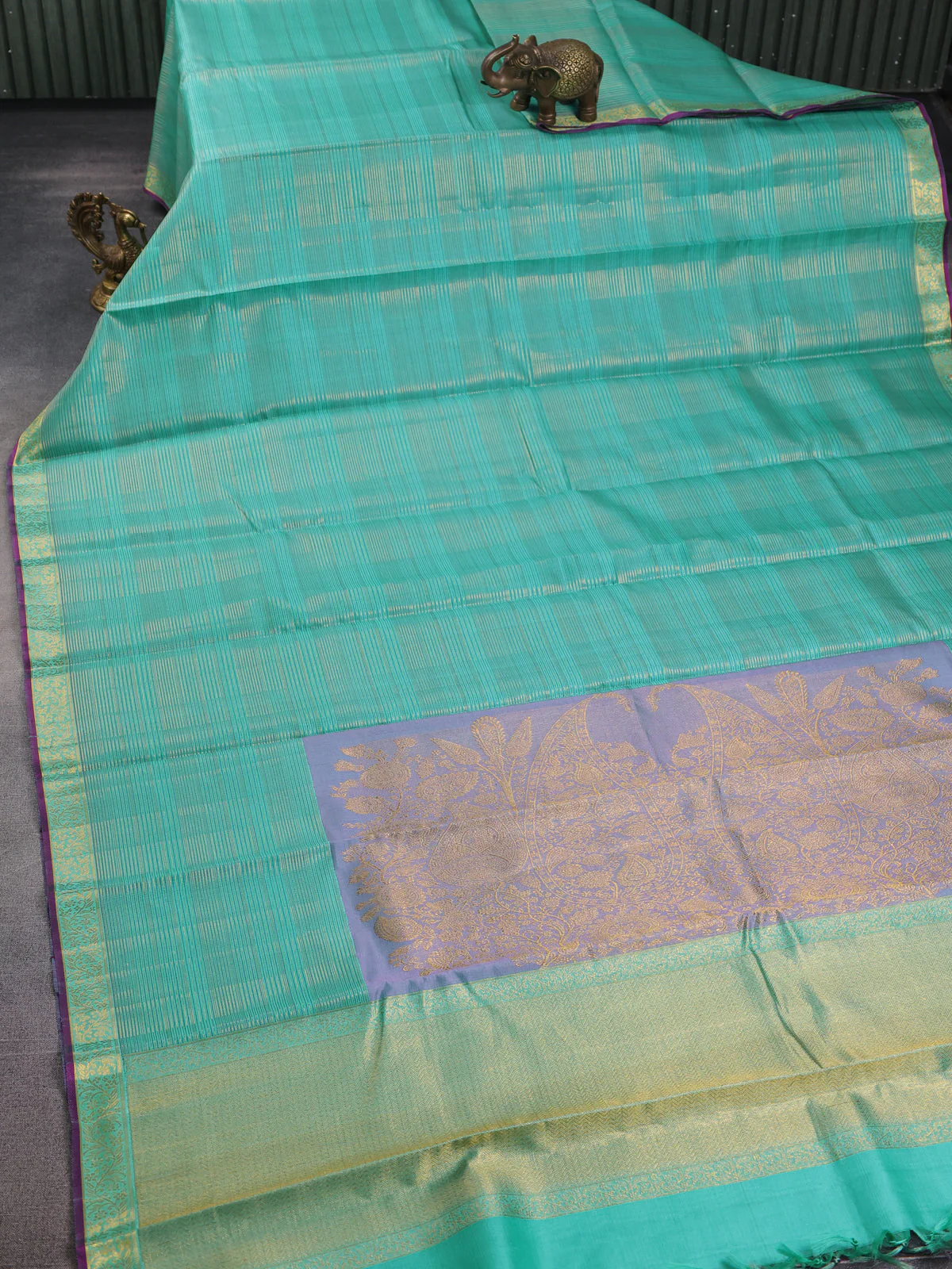 Teal Blue - Lavender Pure Kanchipuram Silk Saree - Image 2