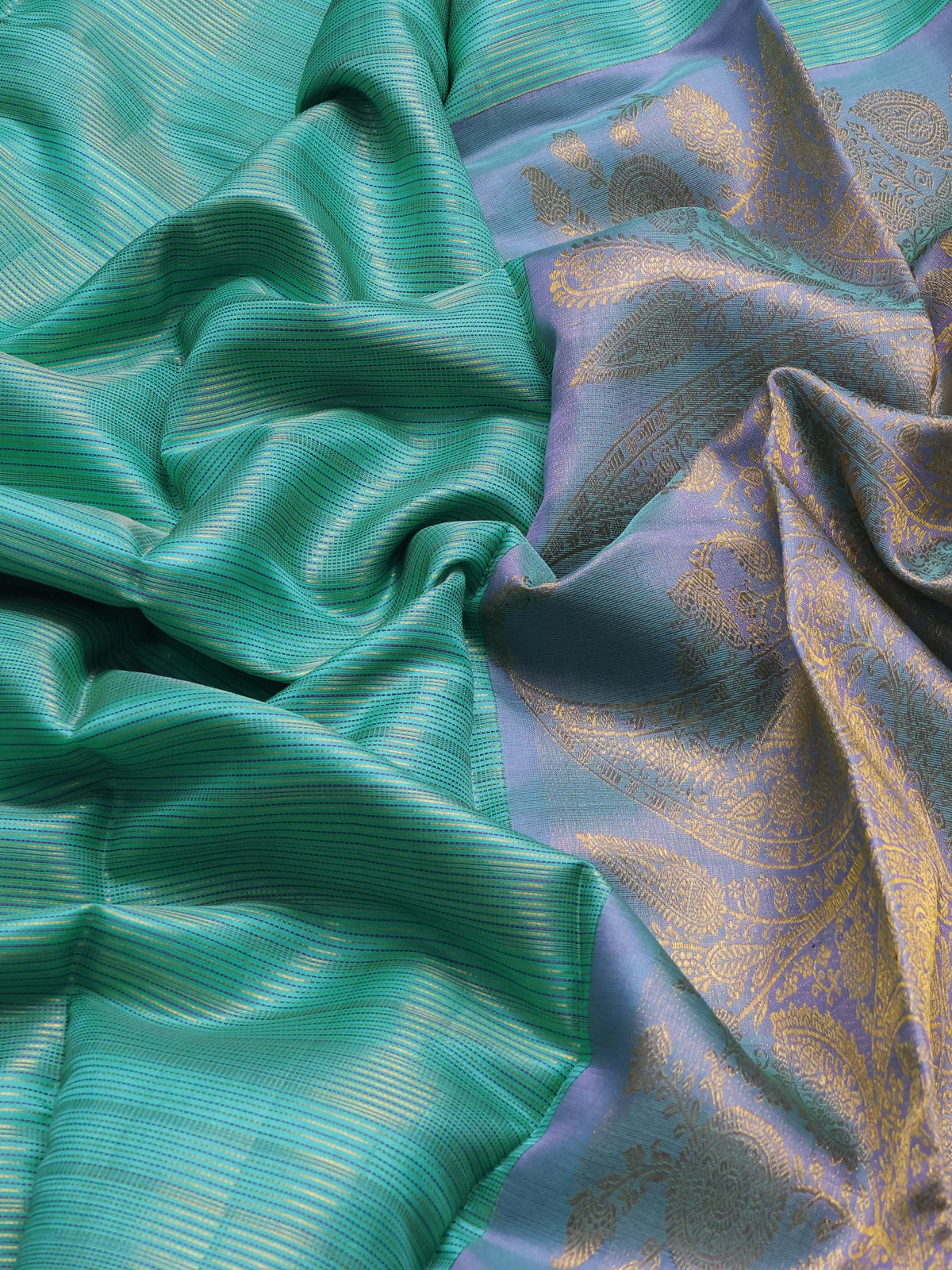 Teal Blue - Lavender Pure Kanchipuram Silk Saree - Image 3