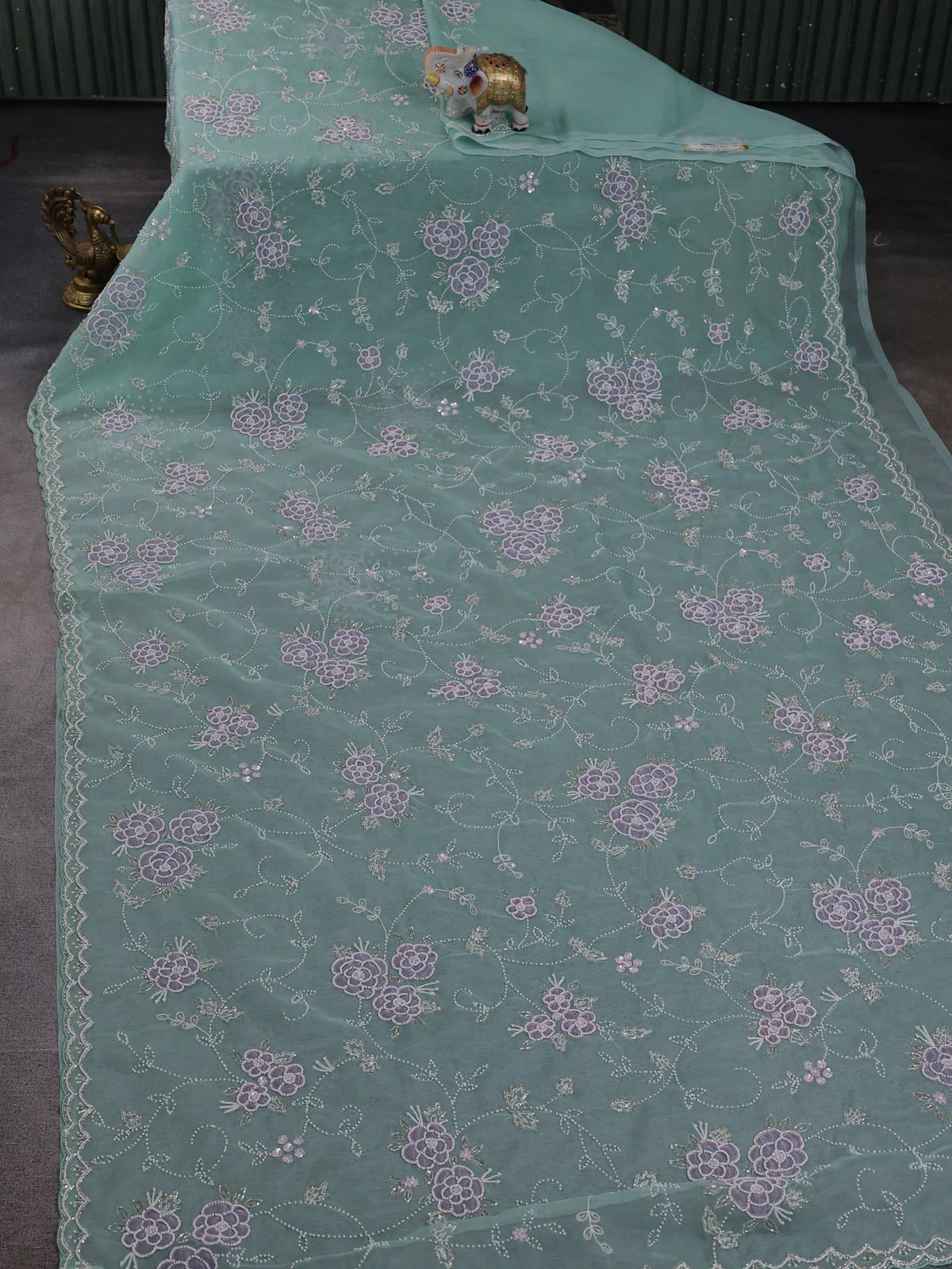 Teal Blue Organza Embroidery Saree - Image 2