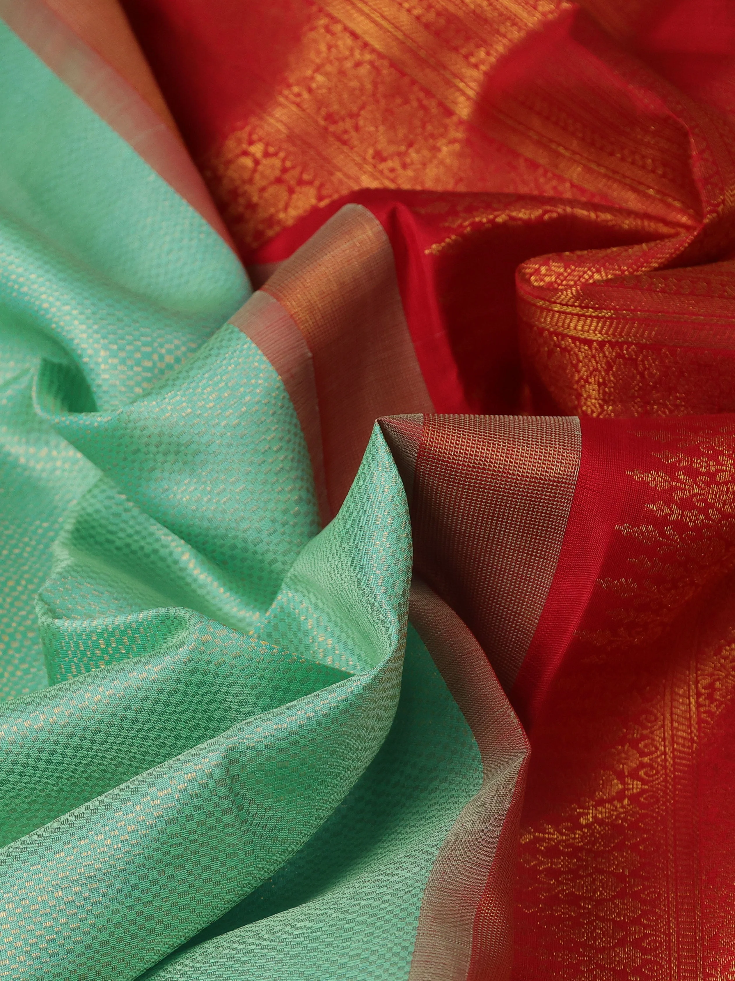 Teal Blue - Red Pure Kanchipuram Silk Saree - Image 3