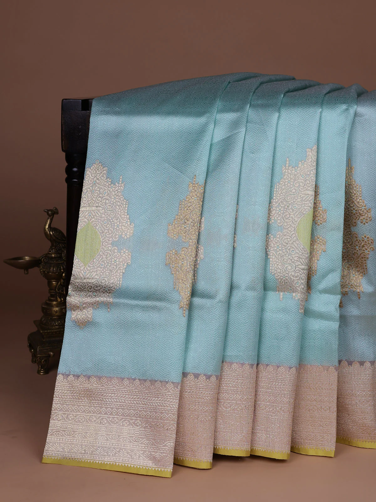 Teal Blue-Yellow Banarasi Kora Saree