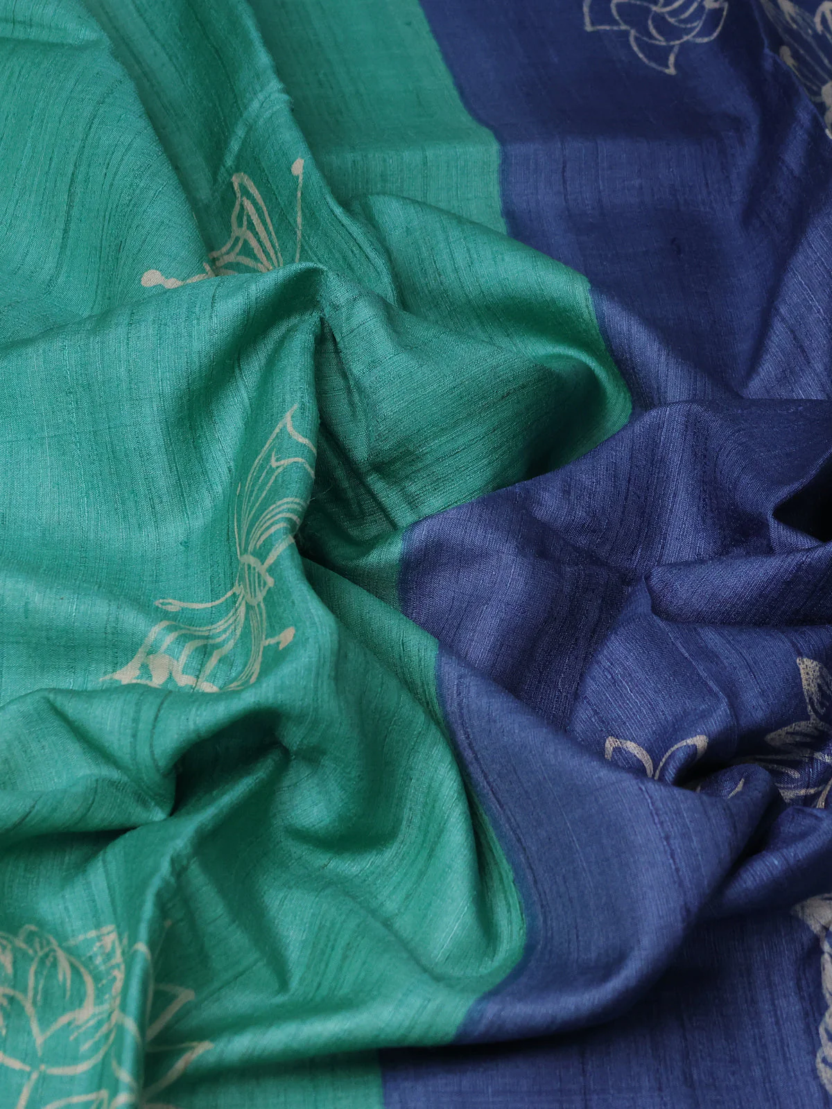 Teal Green - Blue Printed Tussar Silk Saree - Image 3