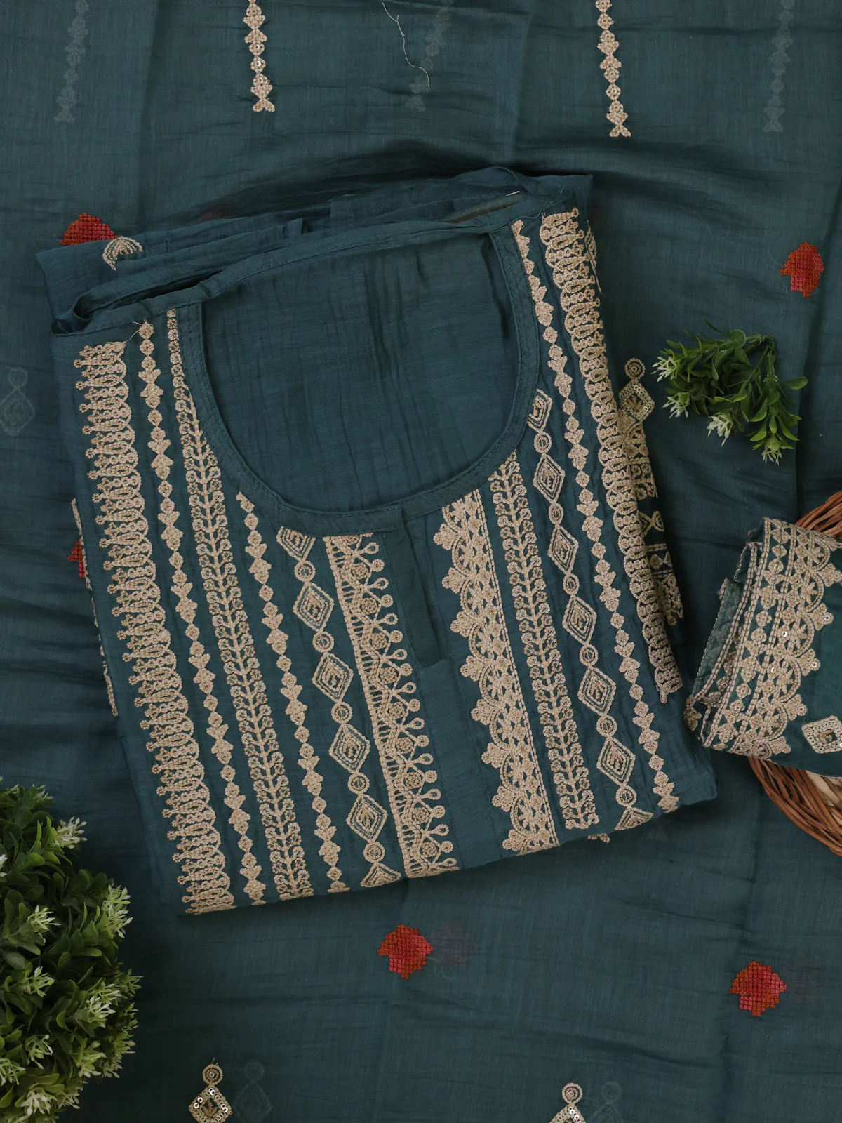 Teal Green Mul Chanderi Unstitched Suit - Image 2