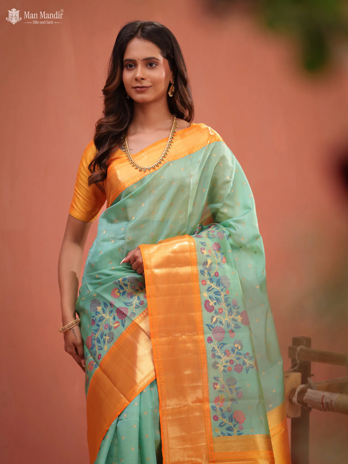 Teal Green - Orange Kanchipuram Kora Silk Saree - Image 3