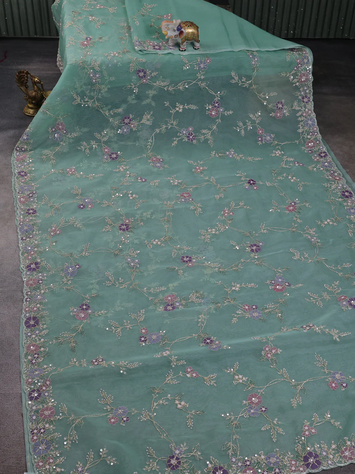 Teal Organza Embroidery Saree - Image 2