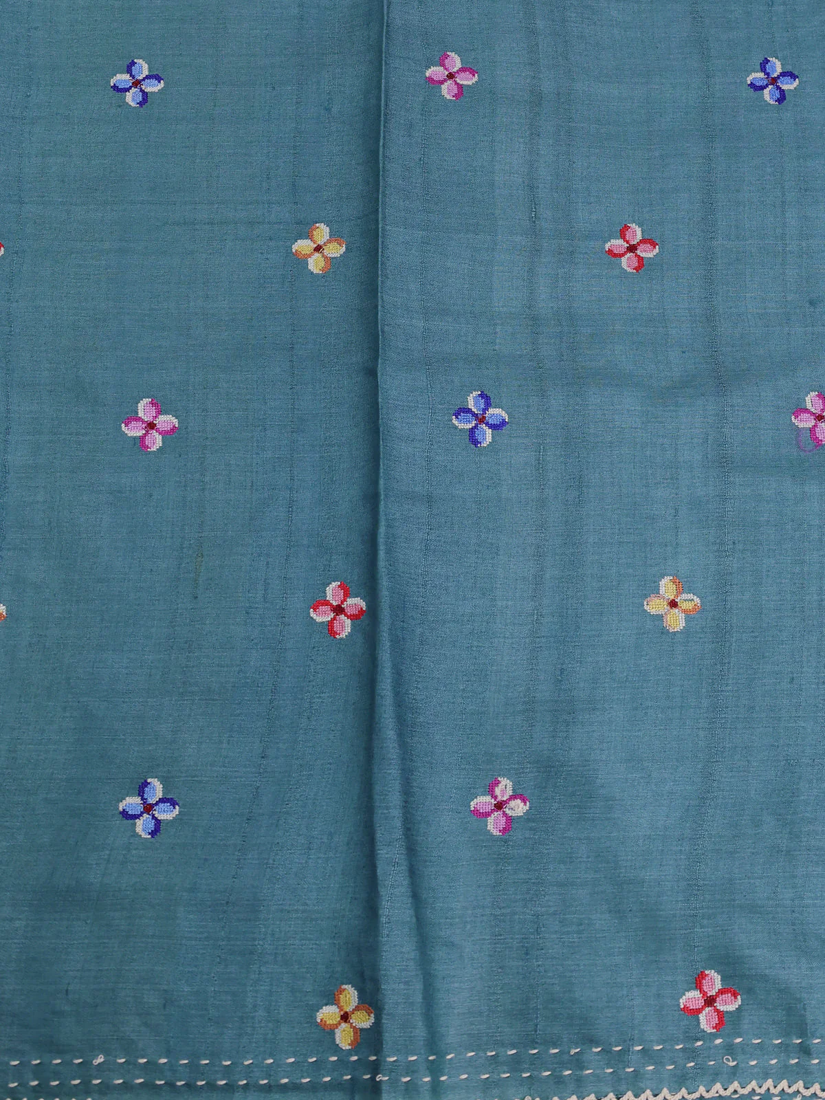 Turquoise Blue Tussar Embroidery Silk Saree - Image 4