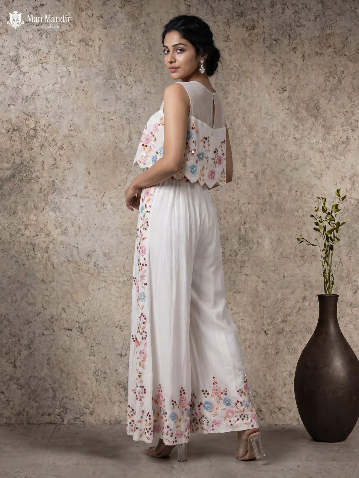 White Raw Silk Embroidery Jumpsuit With Belt - Image 3