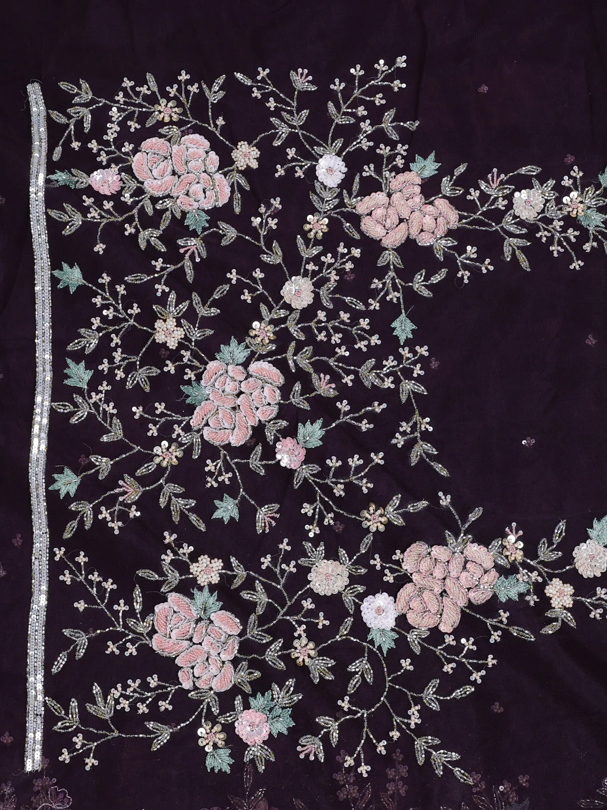 Wine Netted Organza Half & Half Style Sequin Embroidery Saree - Image 4