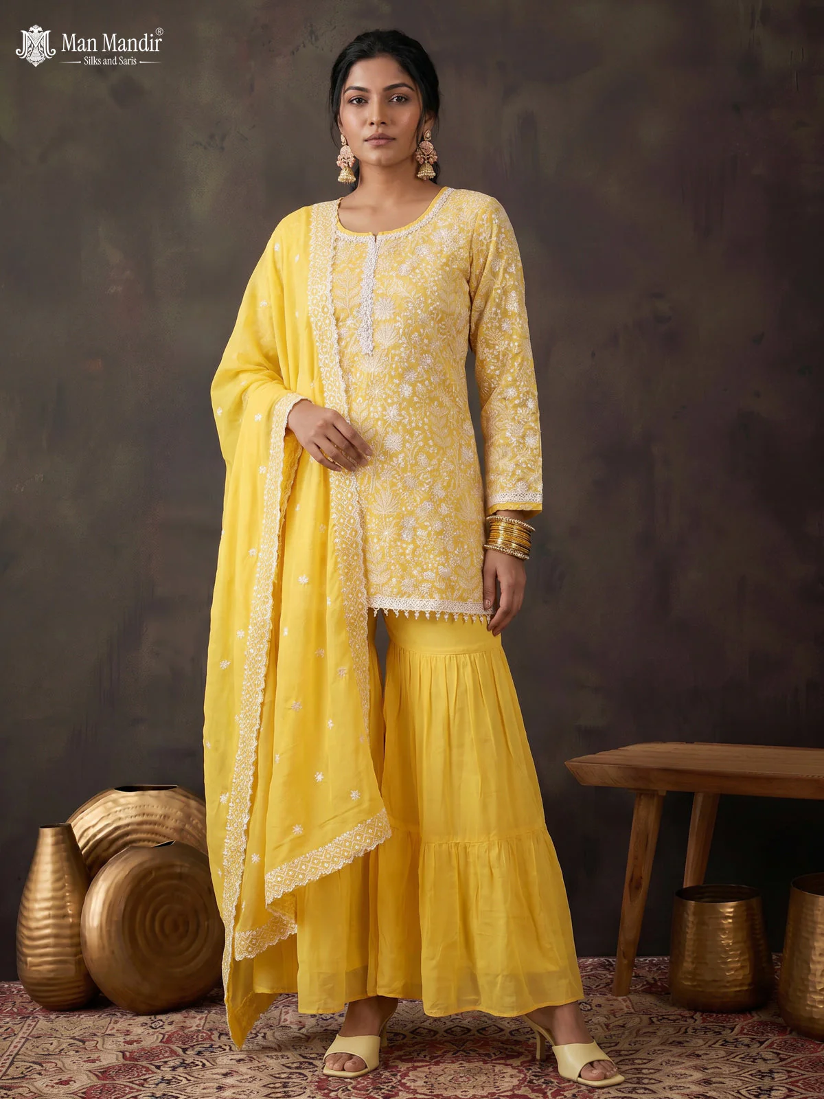 Yellow Georgette Sharara Salwar Suit - Image 3