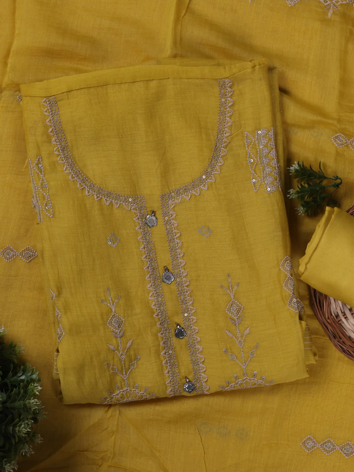 Yellow Mul Chanderi Unstitched Suit - Image 2