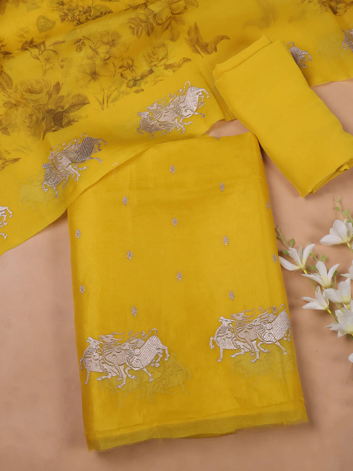 Yellow Organza Embroidery Unstitched Suit