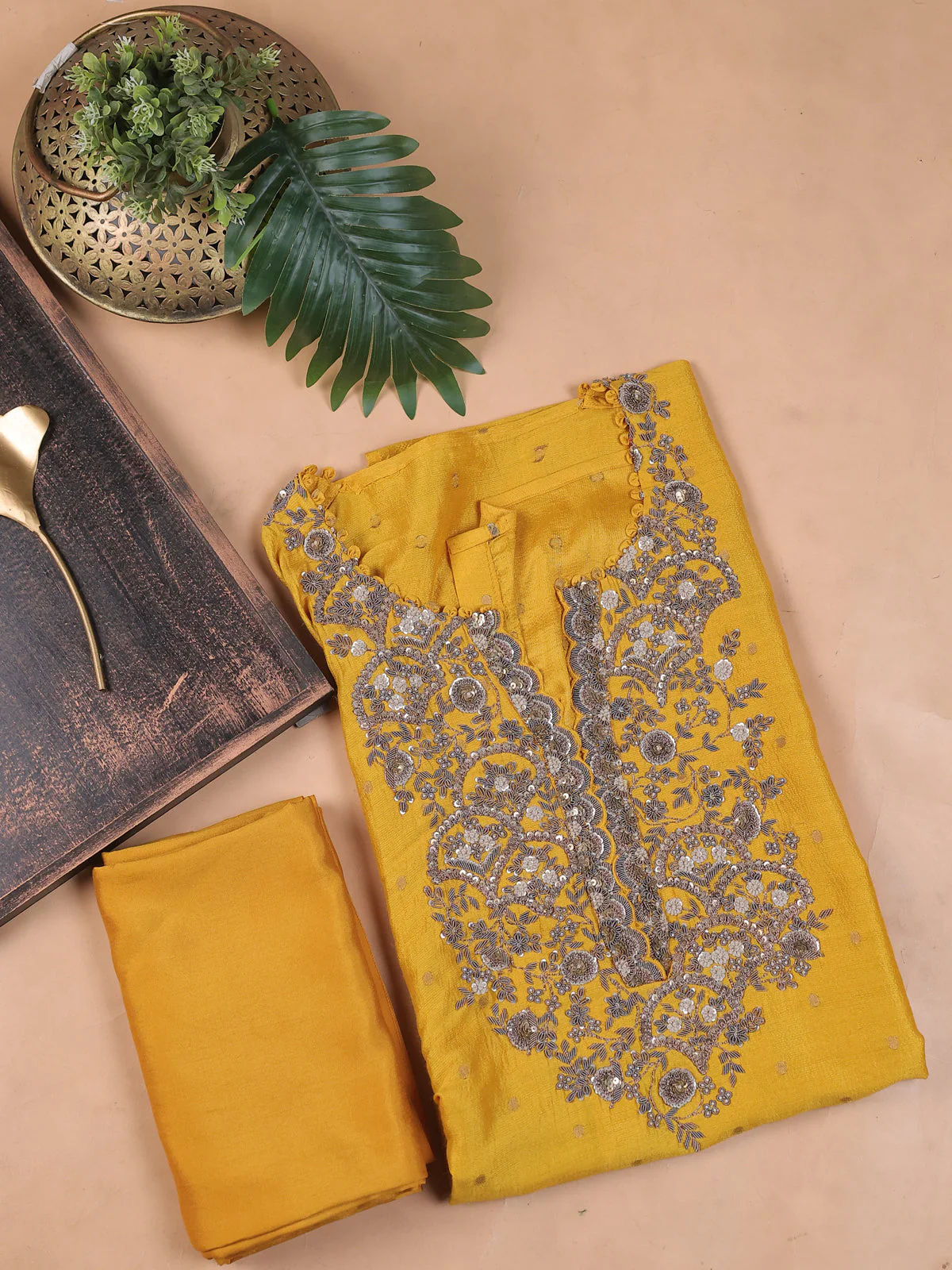 Yellow Silk Embroidery Unstitched Suit - Image 2